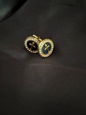 Gold Cross Cufflinks with Black Enamel and Crystal Halo